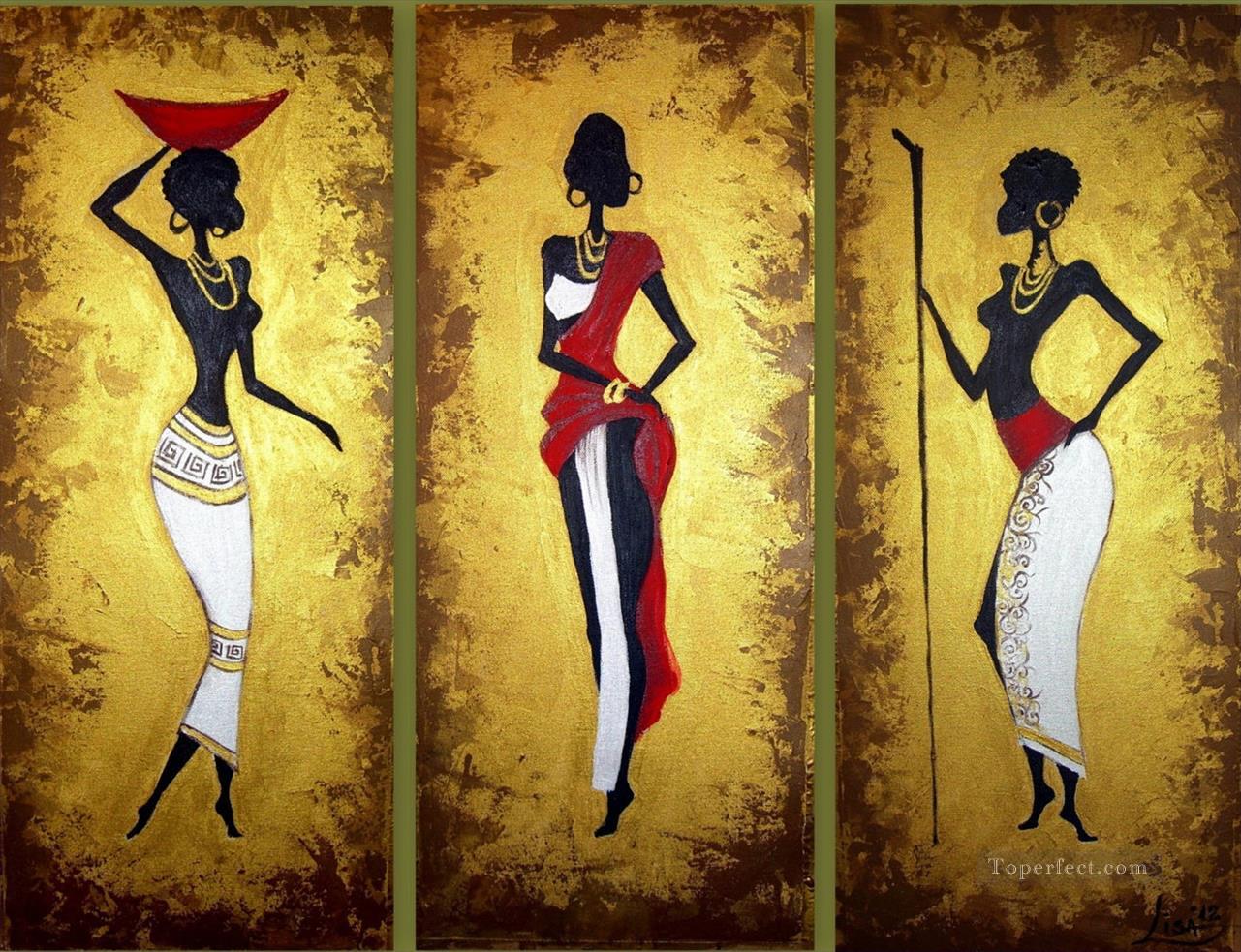 black women with gold powder in triptych African Oil Paintings